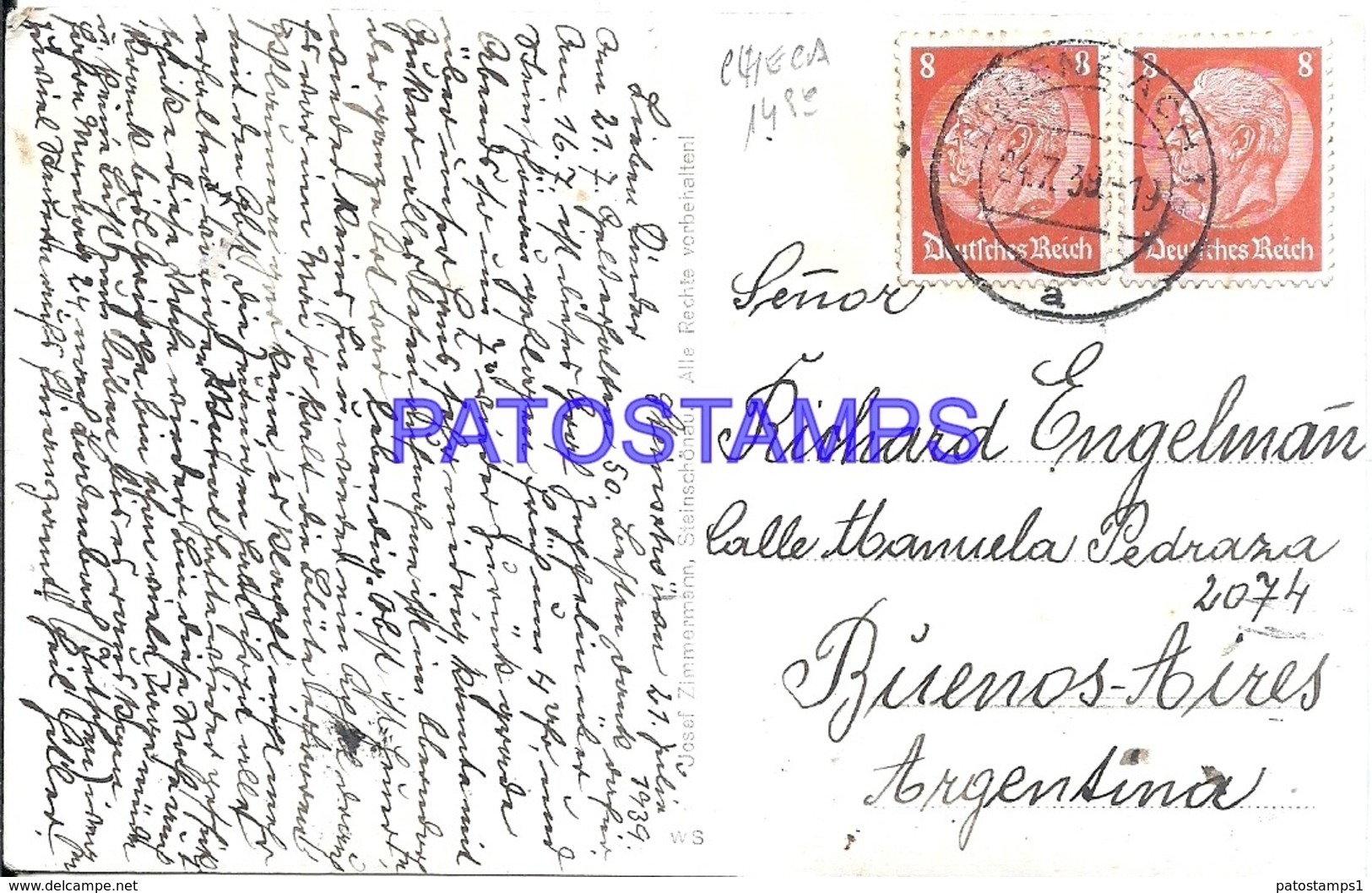 122140 CZECH REPUBLIC STEINSCHONAU VIEW PARTIAL ZEPPELIN  CIRCULATED TO ARGENTINA POSTAL POSTCARD - Czech Republic