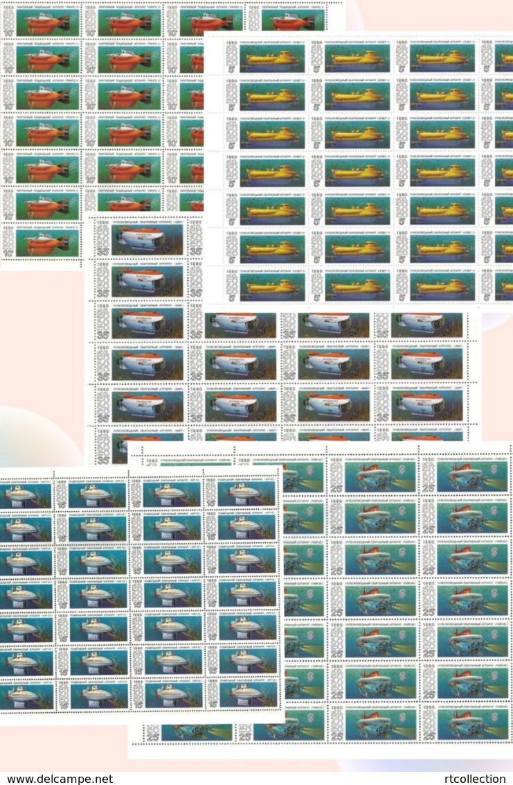 USSR Russia 1990 Sheet Research Submarines Ships Transport Tinro Argus Paisis Ship Submarine Stamps MNH Michel 6138-42 - Full Sheets