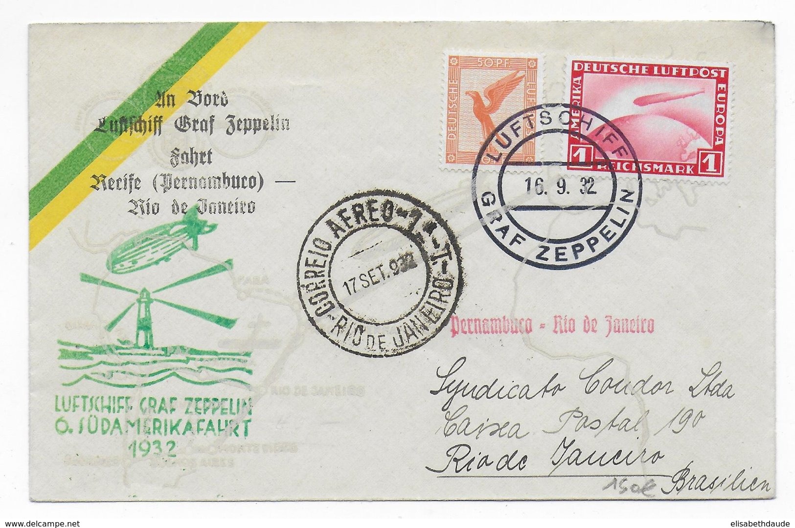ZEPPELIN - 1932 - ENVELOPPE Par LUFTSCHIFF GRAF ZEPPELIN => RIO DE JANEIRO - PERNAMBUCO (BRESIL) - PHARE - Poste Aérienne & Zeppelin