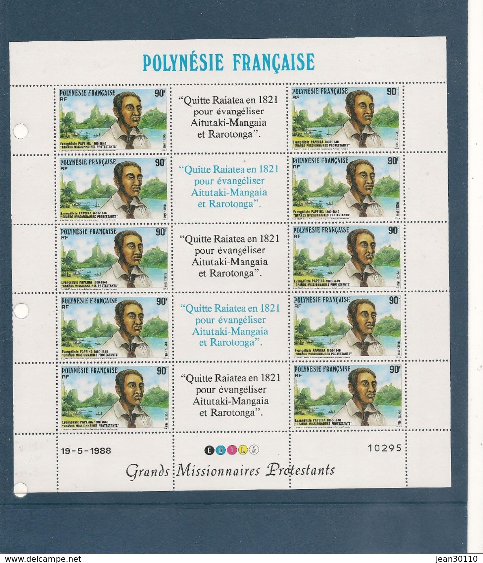 POLYNÉSIE FRANÇAISE ANNÉE 1988 GRANDS MISSIONNAIRES PROTESTANTS N° 318A/320A** EN FEUILLET Côte : 95,00 € - Neufs