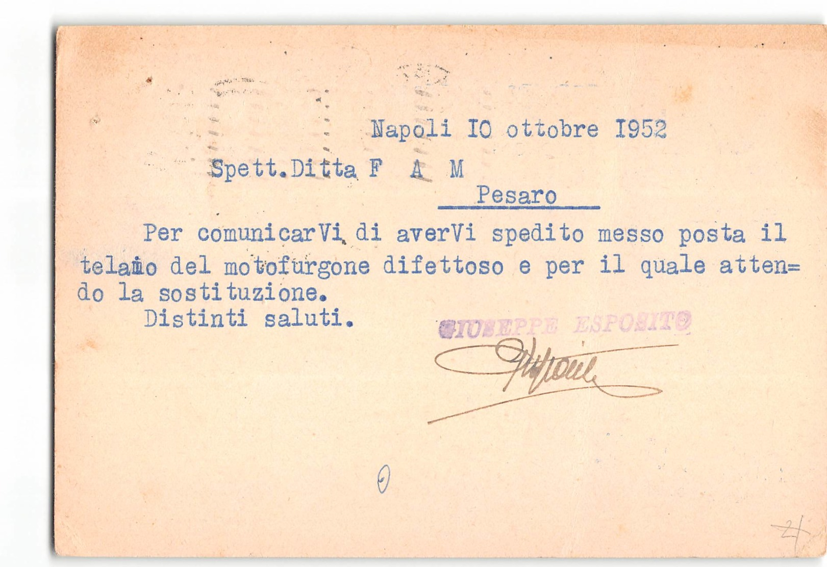 14863 NAPOLI ESPOSITO OFFICINA TELAI FURGONCINI BICICLETTE TITANIA X PESARO - 1946-60: Storia Postale