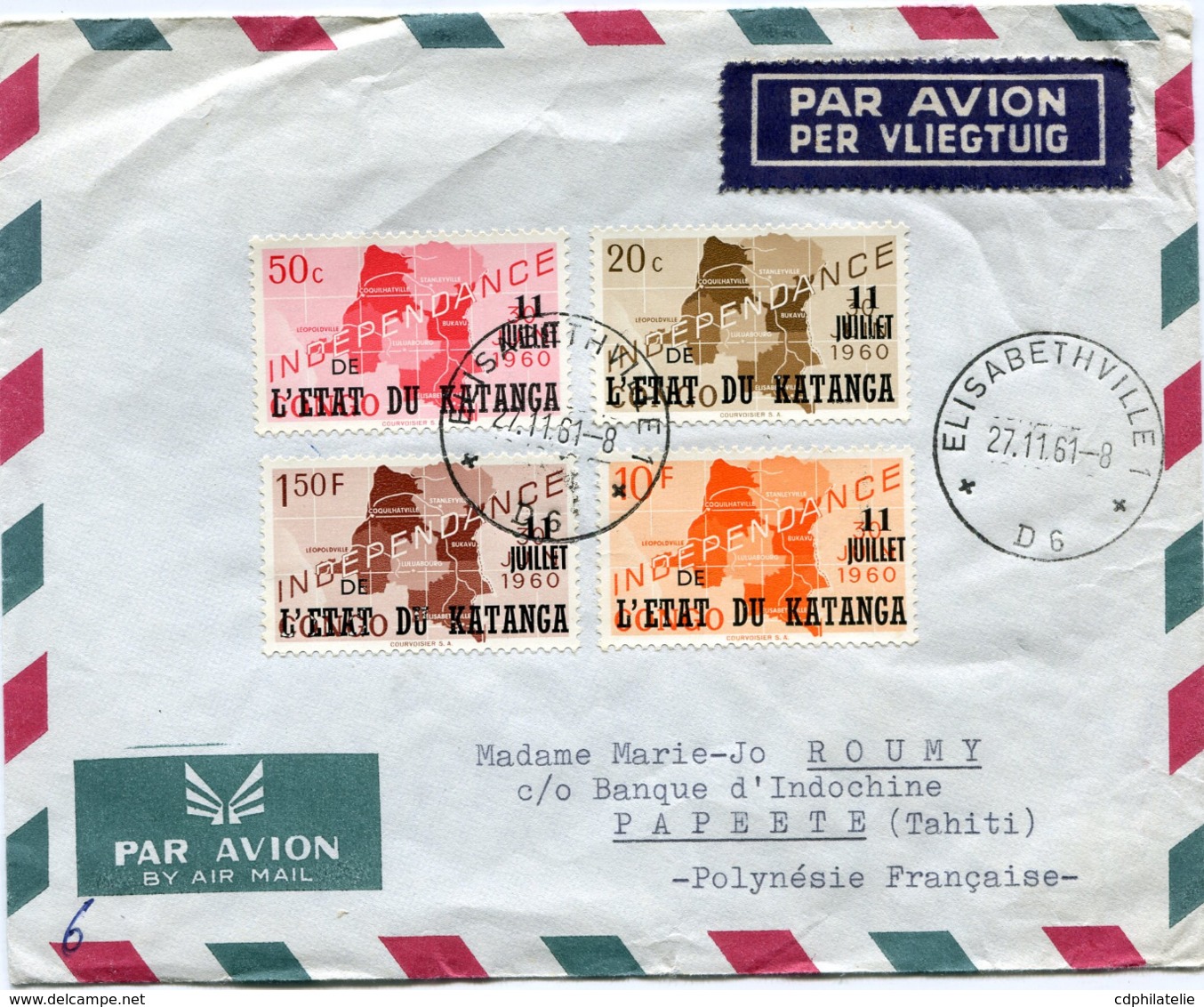 KATANGA LETTRE PAR AVION DEPART ELISABETHVILLE 27-11-1961 POUR LA POLYNESIE FRANCAISE - Katanga