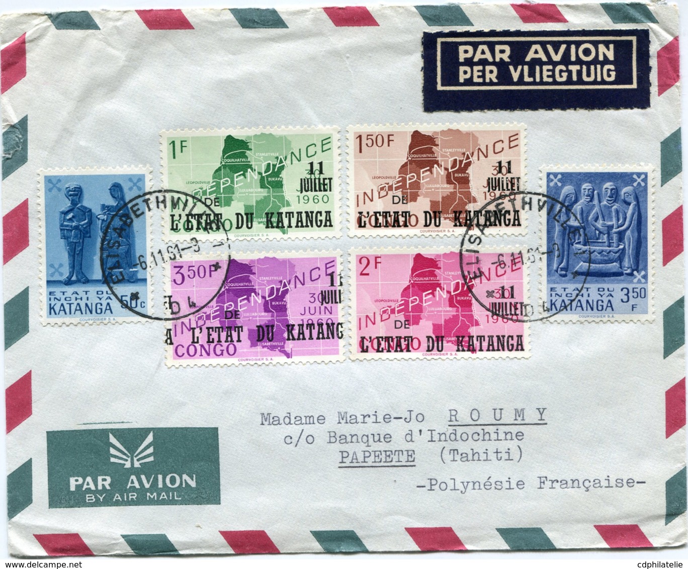 KATANGA LETTRE PAR AVION DEPART ELISABETHVILLE 6-11-1961 POUR LA POLYNESIE FRANCAISE - Katanga