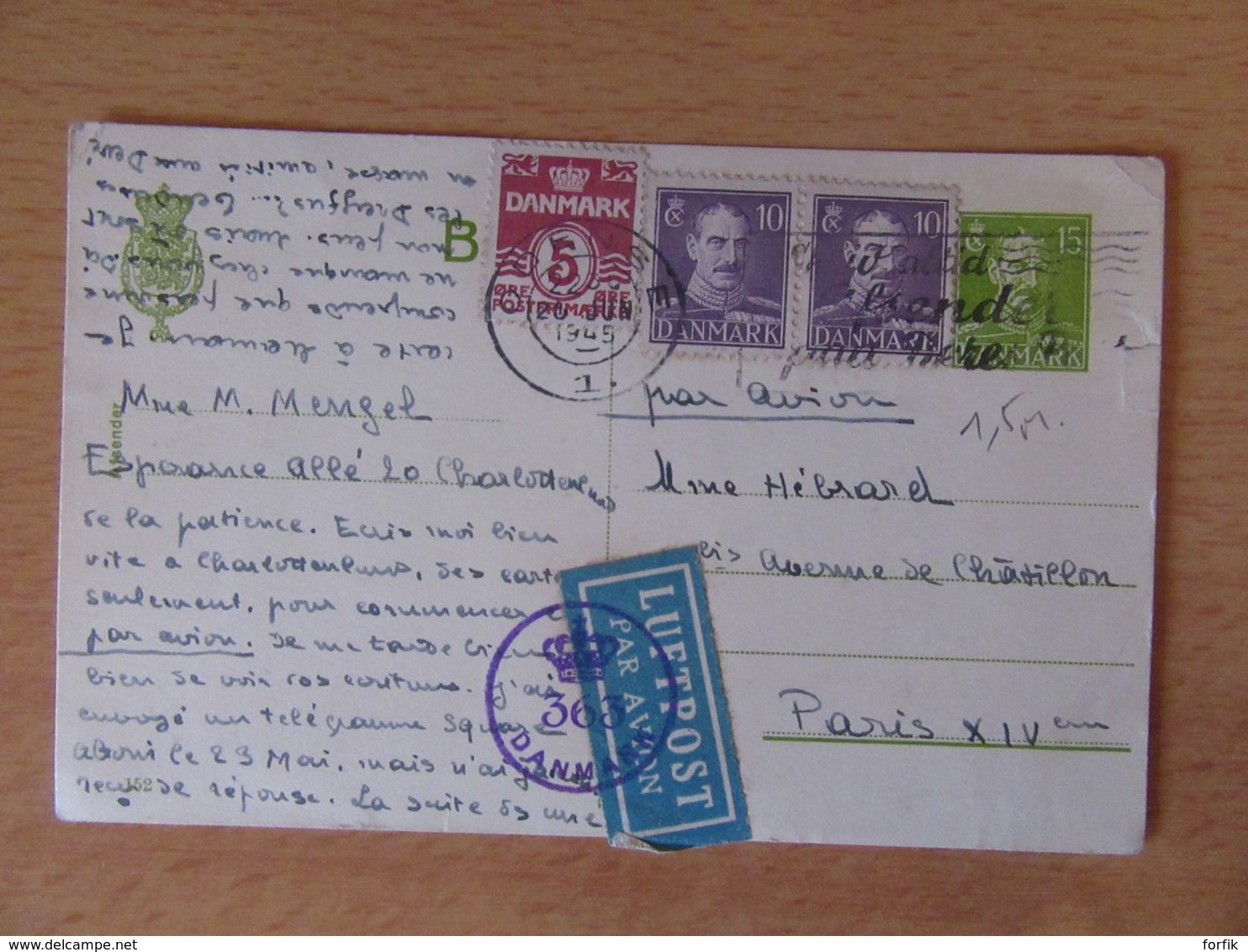 Danemark / Danmark - Entier Postal Circulé D'Odense à Paris Le 26 Juin 1945 - Vignette Luftpost + Timbres - Postal Stationery