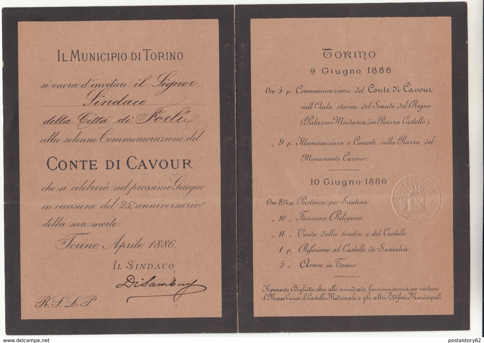 Il Municipio Torino, Biglietto Invito Alla Solenne Commemorazione  Del Conte Di Cavour - Torino Aprile 1886 - - Tickets - Vouchers