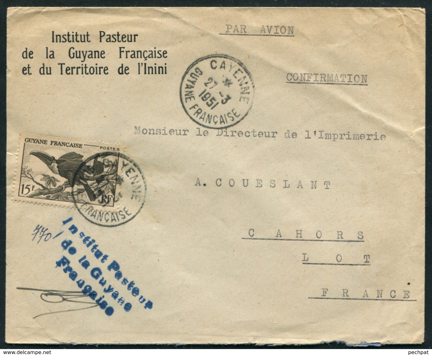 Lettre Institut Pasteur De La Guyane Et Du Terrioire De L'Inini 1951 - 1921-1960: Période Moderne