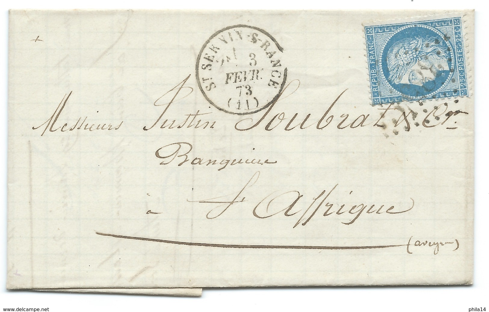 N° 60 BLEU CERES SUR LETTRE / ST CERNIN SUR RANCE AVEYRON POUR ST AFFRIQUE / 1873 - 1849-1876: Période Classique