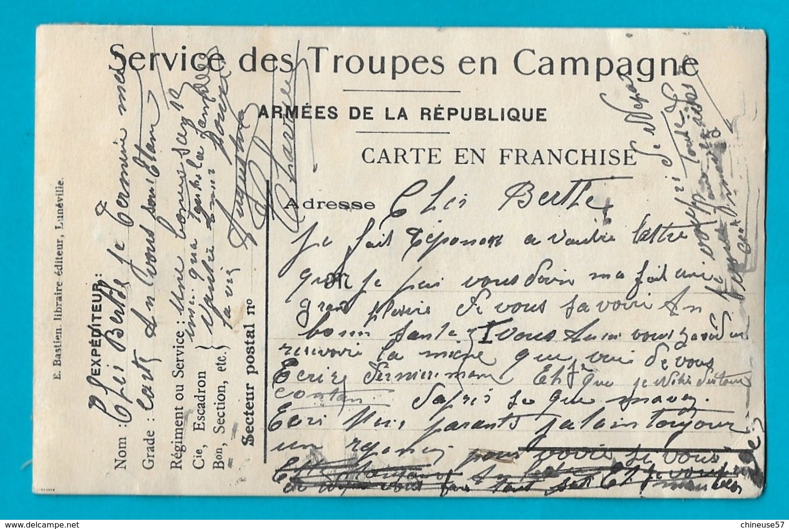 Carte En Franchise Militaire Brodée Campagne De Lorraine Service Des Troupes En Campagne - Ricamate