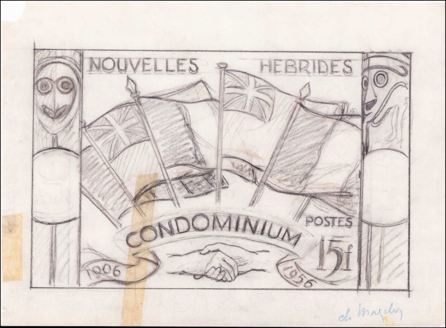 MAQ NOUVELLES-HEBRIDES - Poste - 167, Maquette Originale Au Crayon Sur Calque, (275x200), Signée Mazelin: 500° Condomini - Otros & Sin Clasificación