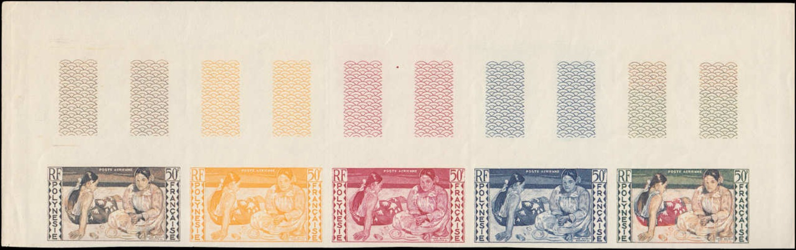 ** POLYNESIE - Poste Aérienne - 2, Bande De 5 Essais De Couleurs Dont Polychromes, Cdf: 50fr. Tahitiennes De Gauguin - Altri & Non Classificati