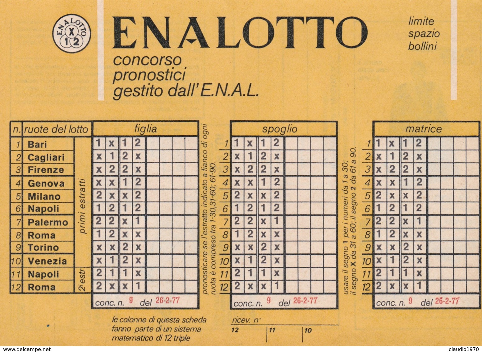 SCHEDINA ENALOTTO - CONCORSO -PRONOSTIC I-GESTITO -DALL -E-N-A-L-  ANNO. 1977 - Collezioni