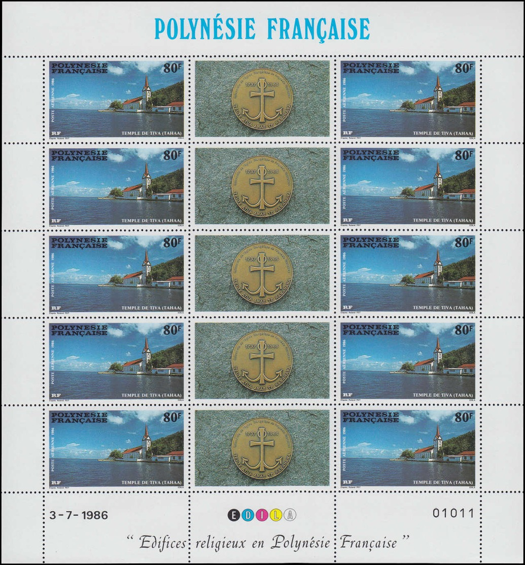 ** POLYNESIE - Poste Aérienne - 193/95, 3 Feuillets De 10 Avec Vignettes: Edifices Religieux - Autres & Non Classés