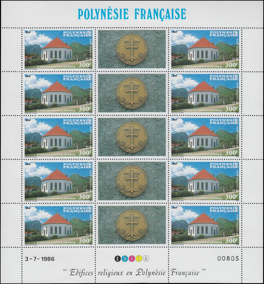 ** POLYNESIE - Poste Aérienne - 193/95, 3 Feuillets De 10 Avec Vignettes: Edifices Religieux - Autres & Non Classés