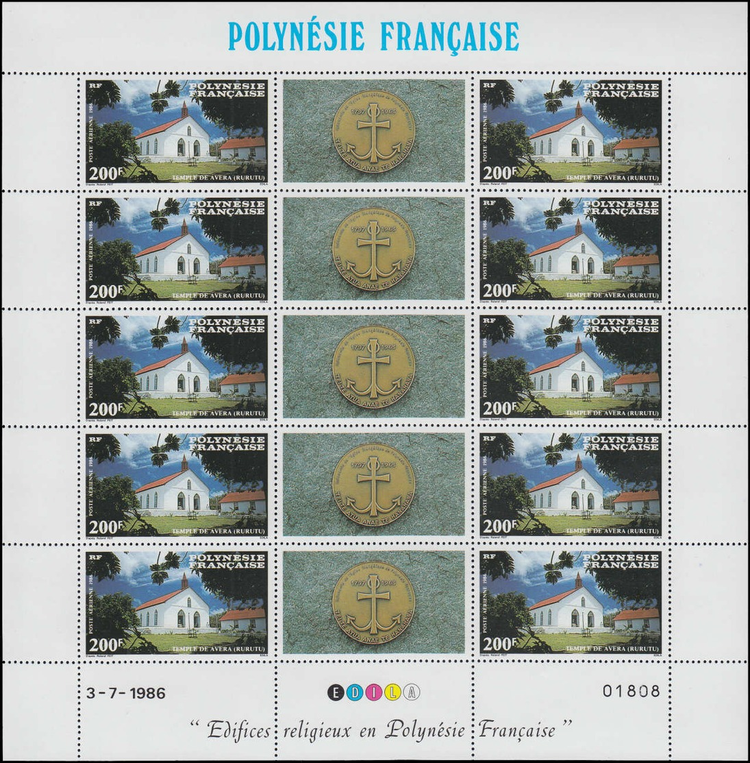 ** POLYNESIE - Poste Aérienne - 193/95, 3 Feuillets De 10 Avec Vignettes: Edifices Religieux - Autres & Non Classés