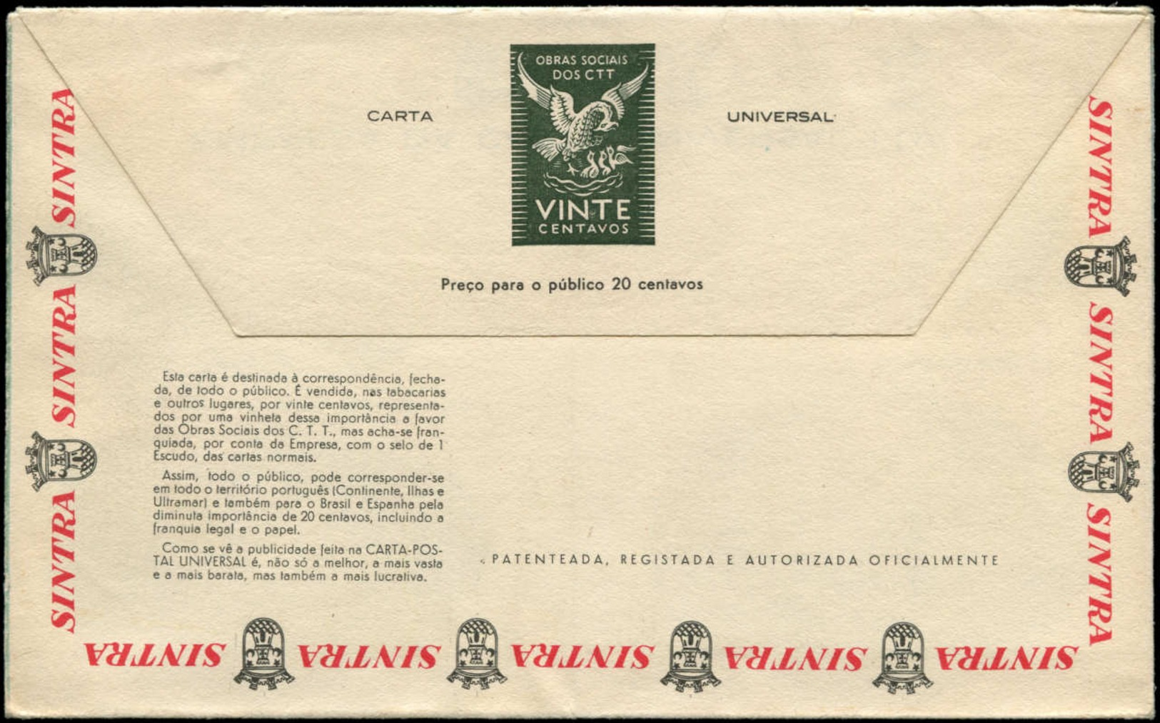 N PORTUGAL - Entiers Publicités Multiples - Lettre Annonces Tsc, 1e. Brun+20c. Vert: Office Du Tourisme De Sintra, Vues - Autres & Non Classés