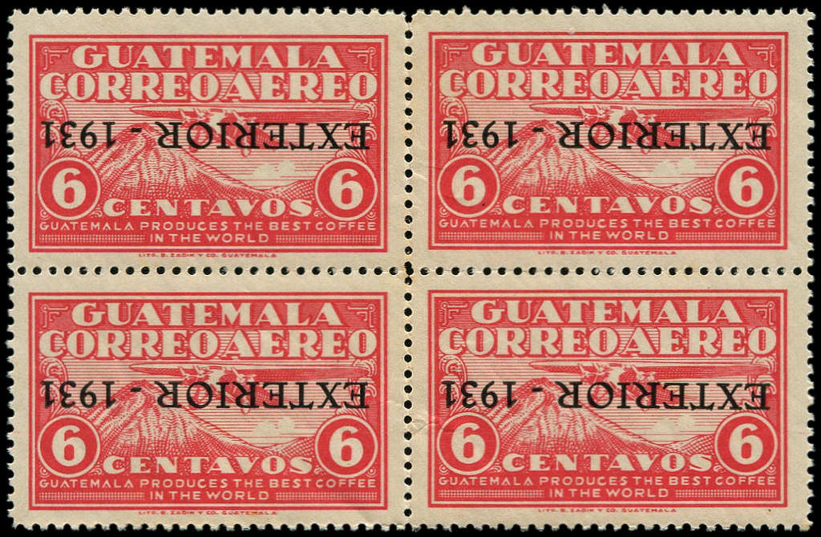 ** GUATEMALA - Poste Aérienne - 13, Bloc De 4, Surcharge Renversée (rousseurs): 60c. Rose Exterior 1931 - Guatemala