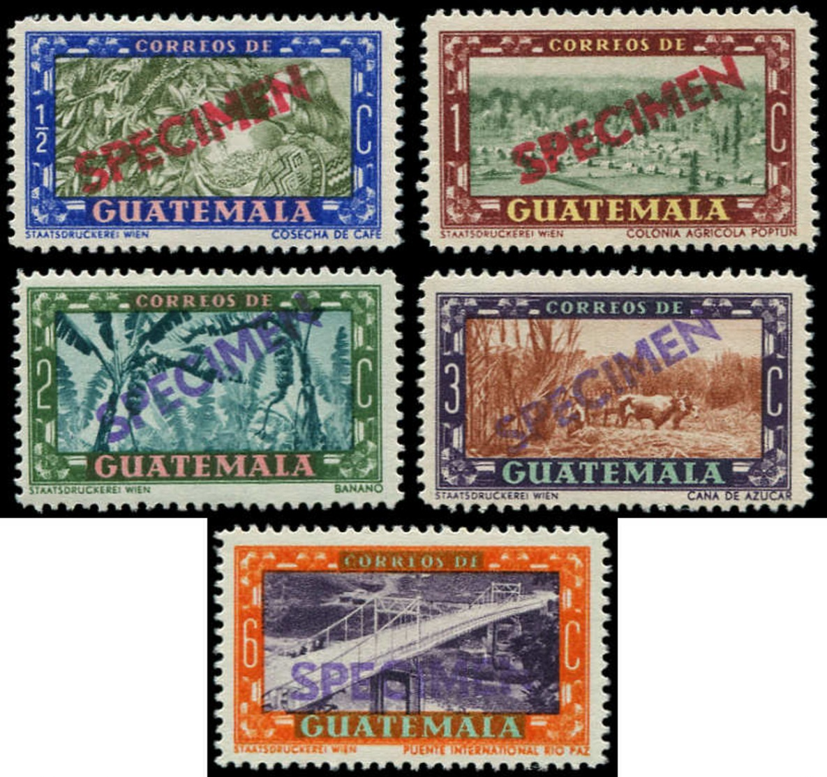 SPE GUATEMALA - Poste Aérienne - 343/47, Série Complète, Surcharge Violette "specimen": Café, Canne à Sucre - Guatemala