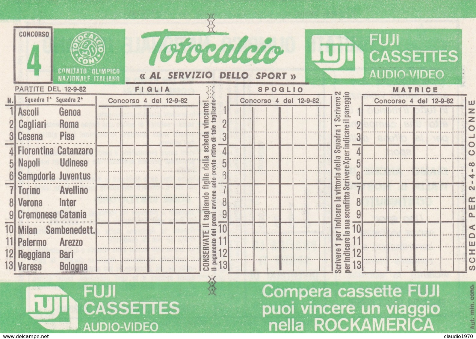 SCHEDINA TOTOCALCIO - CONCORSO 4 - COMITATO OLIMPICO NAZIONALE ITALIANO -  ANNO. 1982 - Collezioni