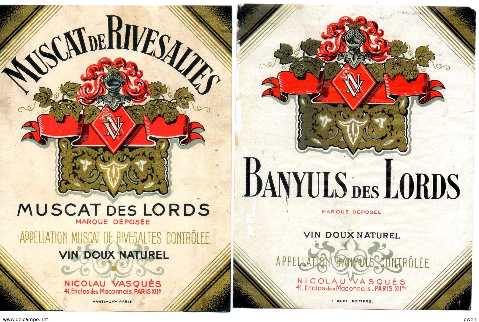 2 étiquettes Vins Banyuls Des Lords Années 50. Nicolau Vasques - Autres & Non Classés