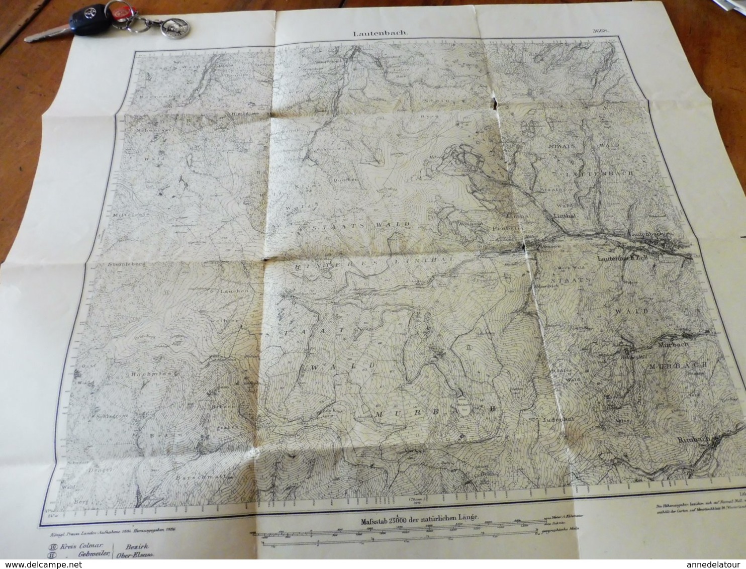 1886 Rare Carte de LAUTENBACH filigrane PAPETERIE BERGES suite annexion ALSACE par l'ALLEMAGNE (Hors-Tout = 64cm x 57cm)