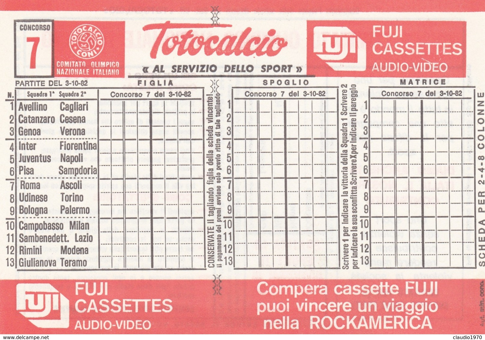 SCHEDINA TOTOCALCIO - CONCORSO 7 - COMITATO OLIMPICO NAZIONALE ITALIANO -  ANNO. 1982 - Collezioni
