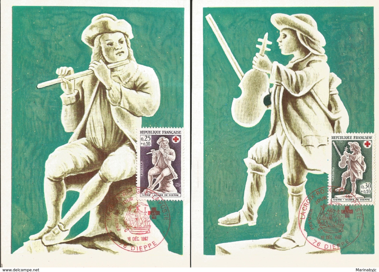 J) 1967 FRANCE, THE PLAYER OF FLUTE AND VIOLIN, IVORY OF THE MUSEUM OF DIEPPE, SET OF 2 POSTCARD - Other & Unclassified