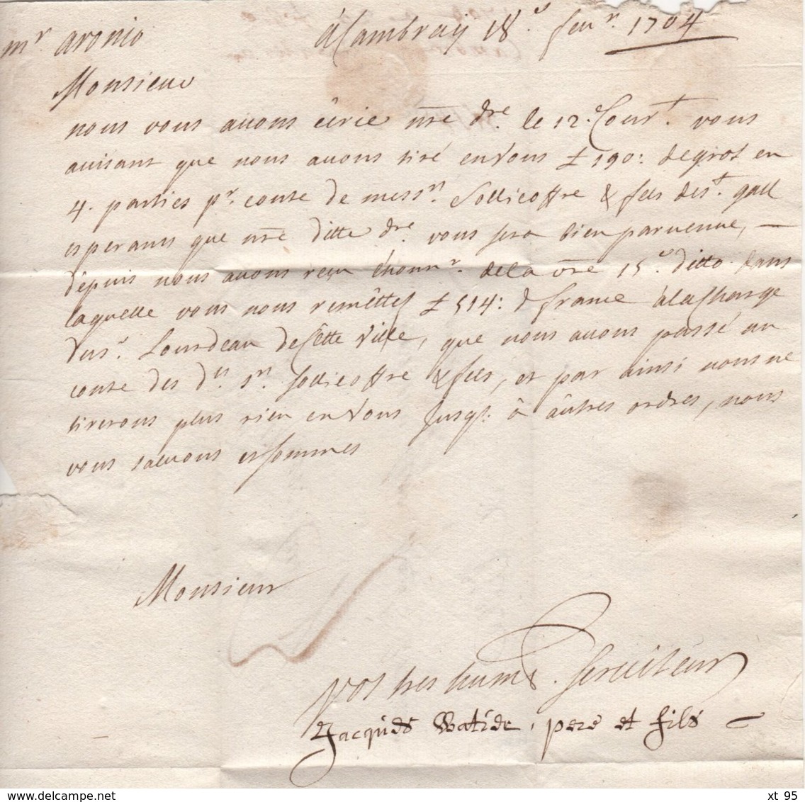 Cambray (manuscrit) - Nord - 1704 - Courrier Pour Lille - 1701-1800: Précurseurs XVIII