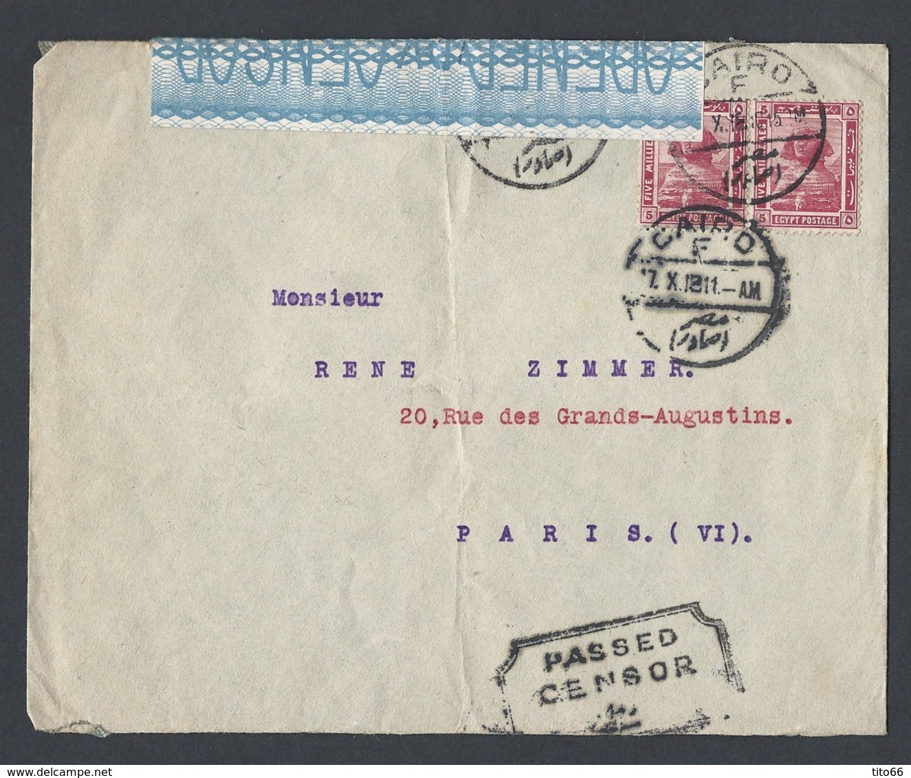 /Enveloppe Avec Censure TAD Du Caire 17/11/1918 Vers Paris Avec Bande Censure - 1915-1921 Brits Protectoraat