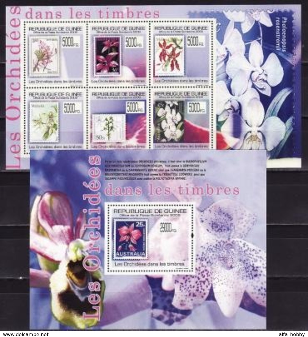 Guinea, 2009, Orchids On Stamps, Block + Sheetlet Flowers - Orchideeën