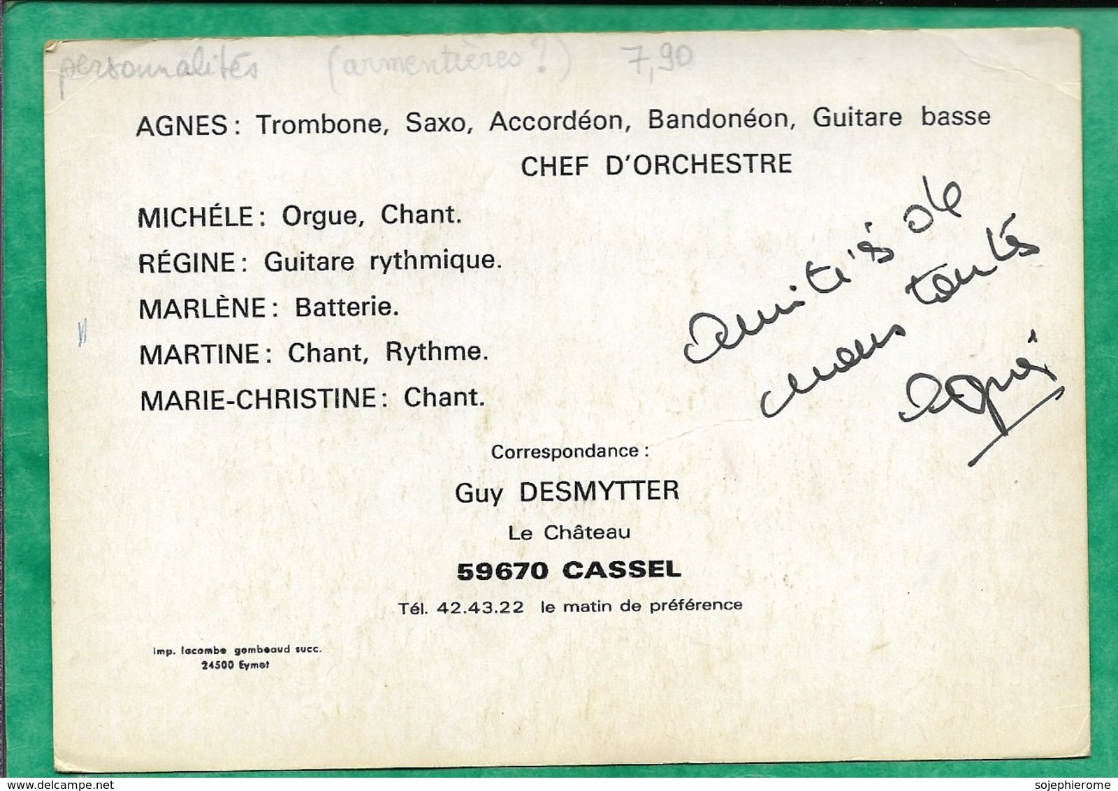 (59) Agnès Et Ses Girls (Guy Desmytter Le Château à Cassel) 2scans (Armentières ?) Trombone Orgue Guitare Dédicace - Cassel