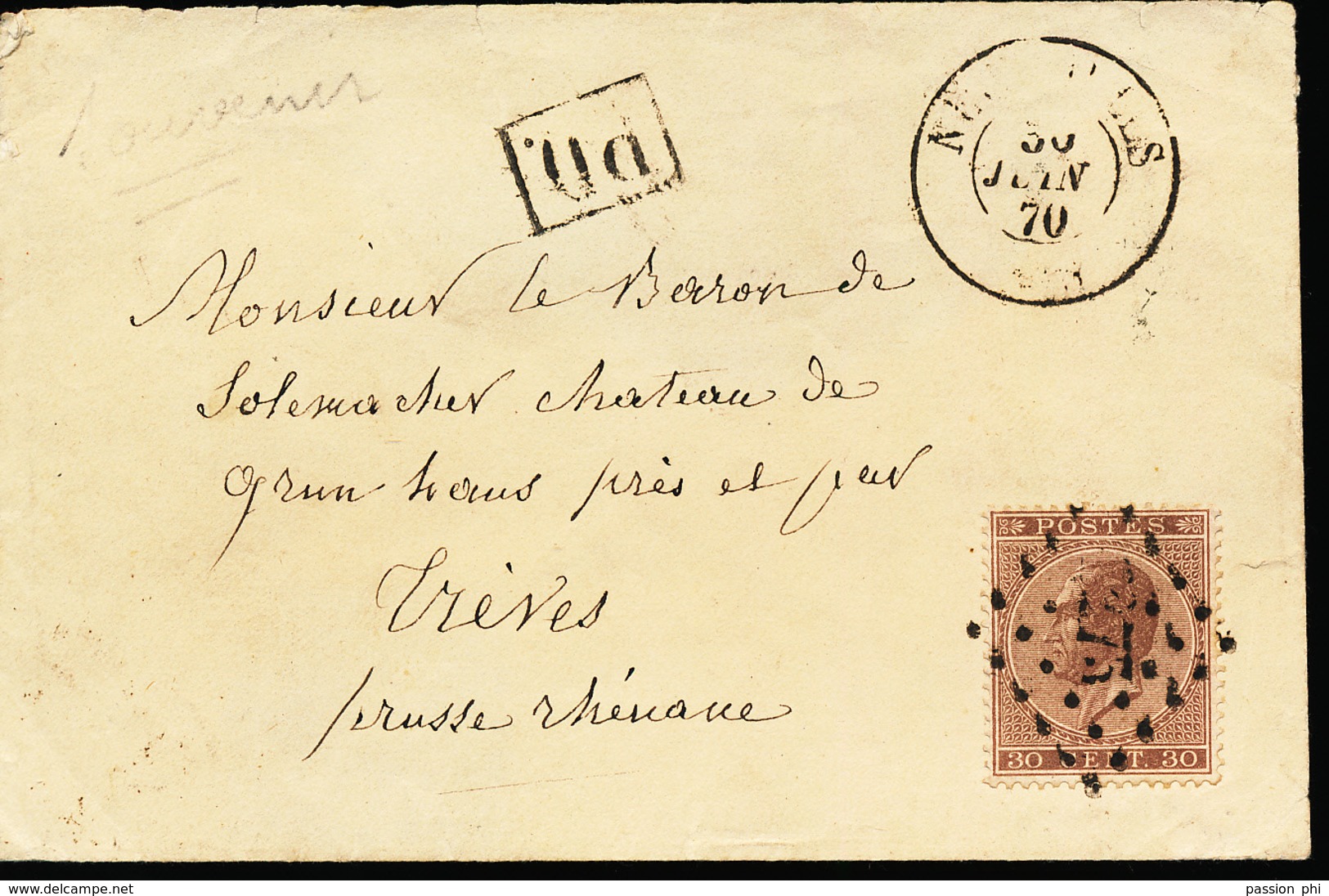 BELGIUM COVER FROM NEUFVILLES "273" 30.01.1870 TO TREVES SCARCE CANCELLATION ON THIS ISSUE - 1865-1866 Perfil Izquierdo