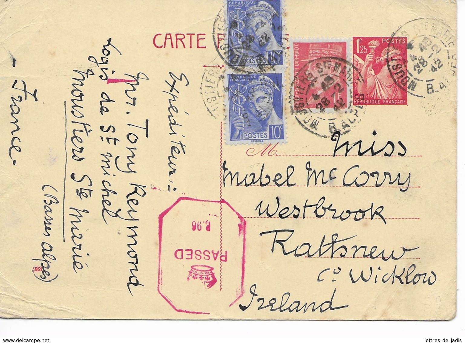 Entier Iris 1f25 Cad MOUSTIERS STE MARIE  28/12/1942 Pour L IRLANDE Censure  TB - WW II