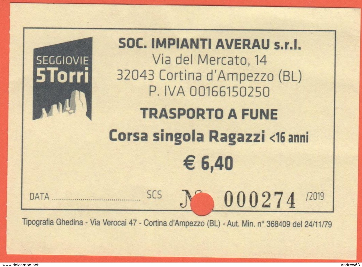 ITALIA - ITALY - ITALIE - 2019 - Cortina D'Ampezzo - Seggiovie 5 Torri - Trasporto A Fune - Corsa Singola Ragazzi - Used - Altri & Non Classificati