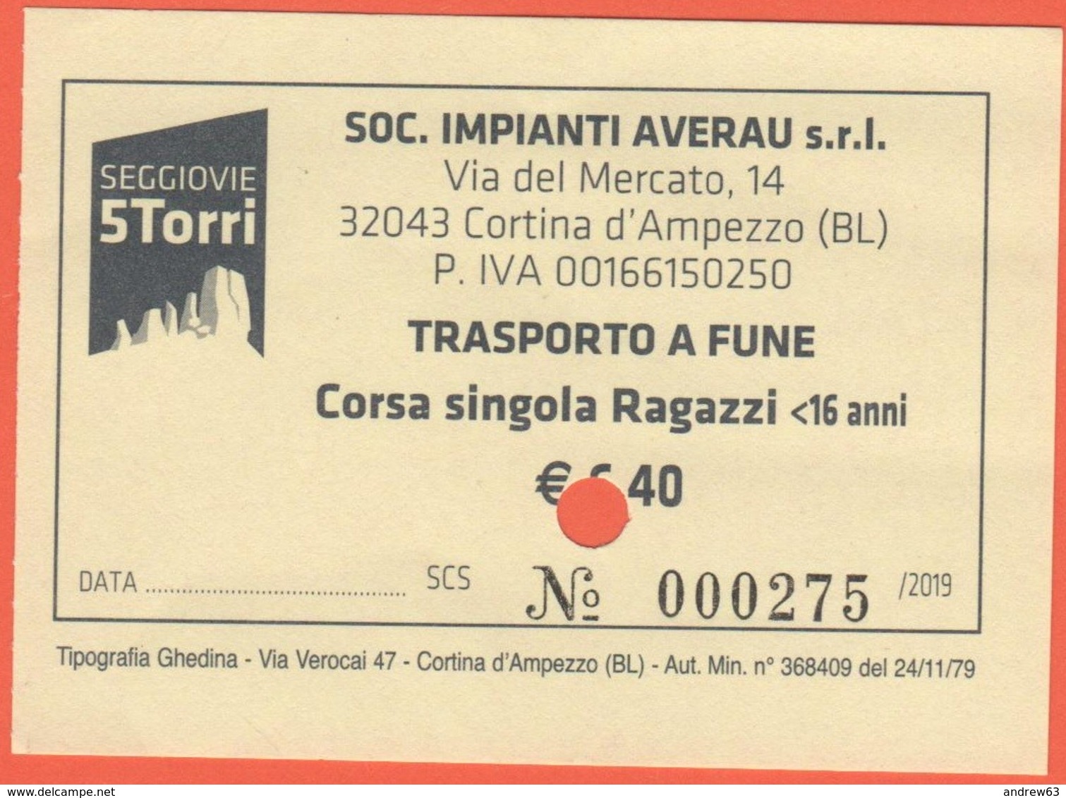 ITALIA - ITALY - ITALIE - 2019 - Cortina D'Ampezzo - Seggiovie 5 Torri - Trasporto A Fune - Corsa Singola Ragazzi - Used - Altri & Non Classificati