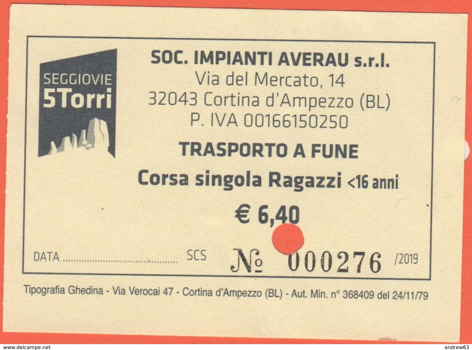 ITALIA - ITALY - ITALIE - 2019 - Cortina D'Ampezzo - Seggiovie 5 Torri - Trasporto A Fune - Corsa Singola Ragazzi - Used - Altri & Non Classificati