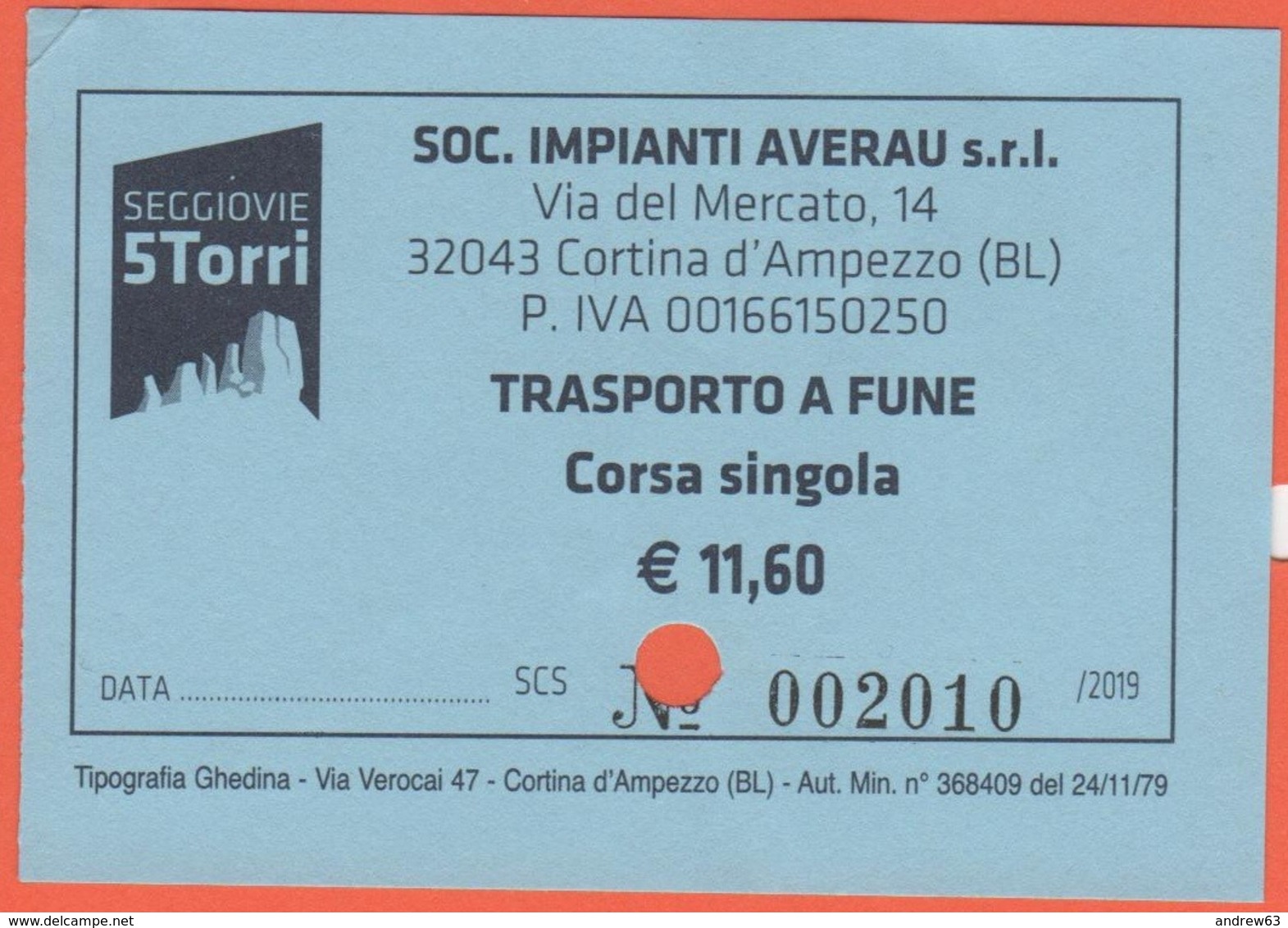 ITALIA - ITALY - ITALIE - 2019 - Cortina D'Ampezzo - Seggiovie 5 Torri - Trasporto A Fune - Corsa Singola Adulti - Used - Altri & Non Classificati