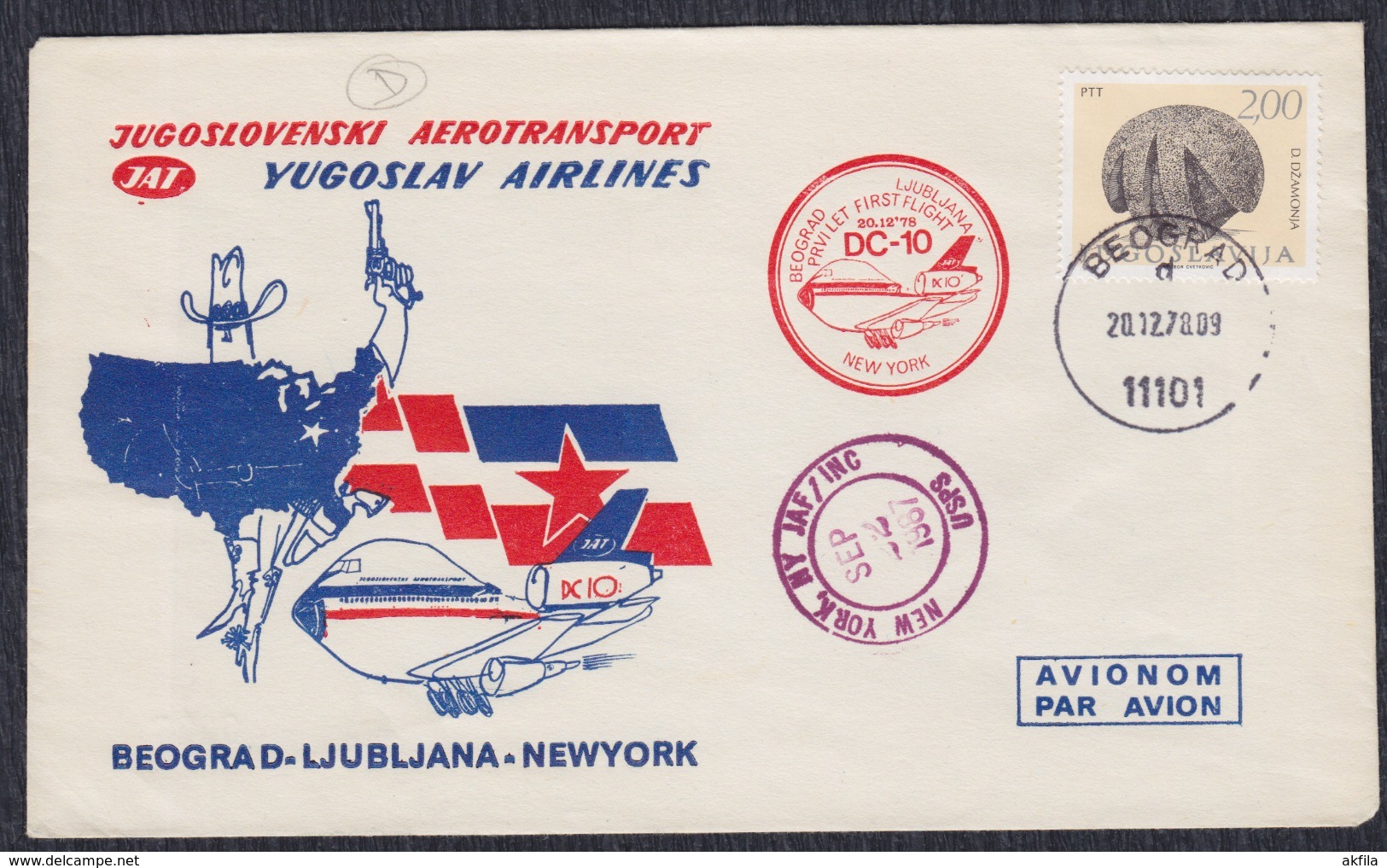 Yugoslavia 1978 JAT Airlines First Flight DC-10 Beograd - Ljubljana - New York, Commemorative Cover - Briefe U. Dokumente