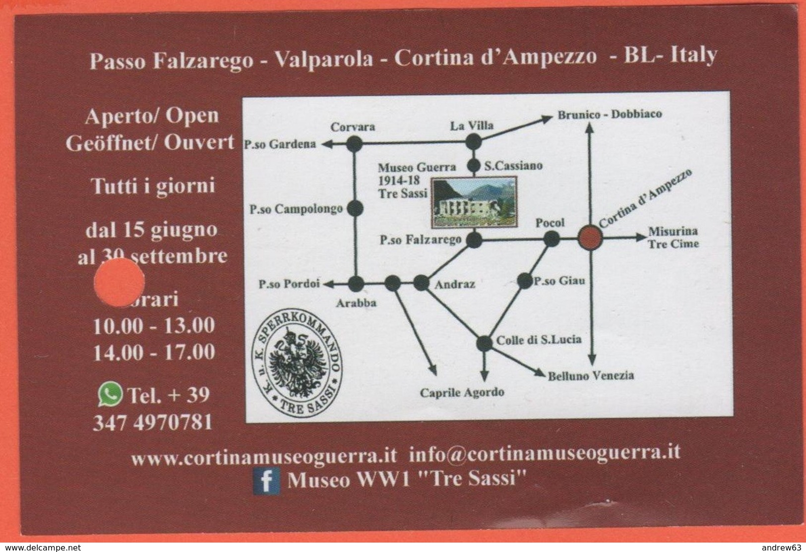 Passo Falzarego - Valparola - Museo Della I Guerra Modiale - Tre Sassi - Biglietto D'ingresso - Usato - Tickets - Vouchers