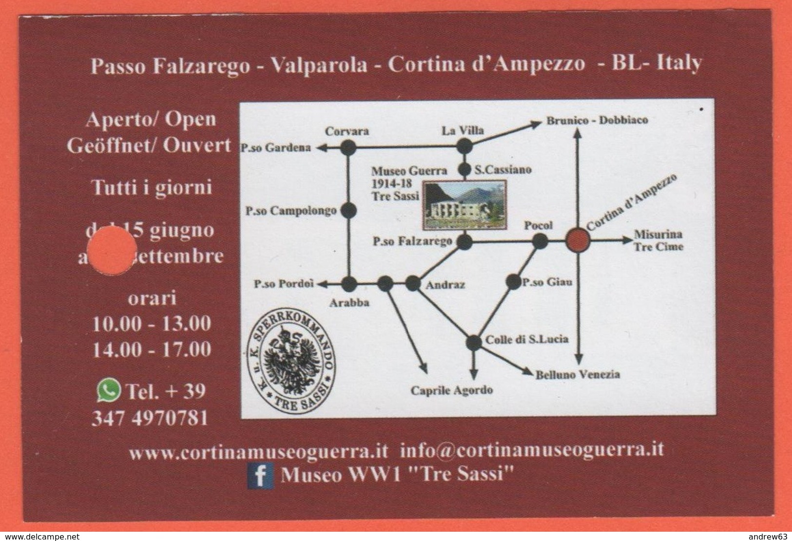 Passo Falzarego - Valparola - Museo Della I Guerra Modiale - Tre Sassi - Biglietto D'ingresso - Usato - Tickets - Vouchers