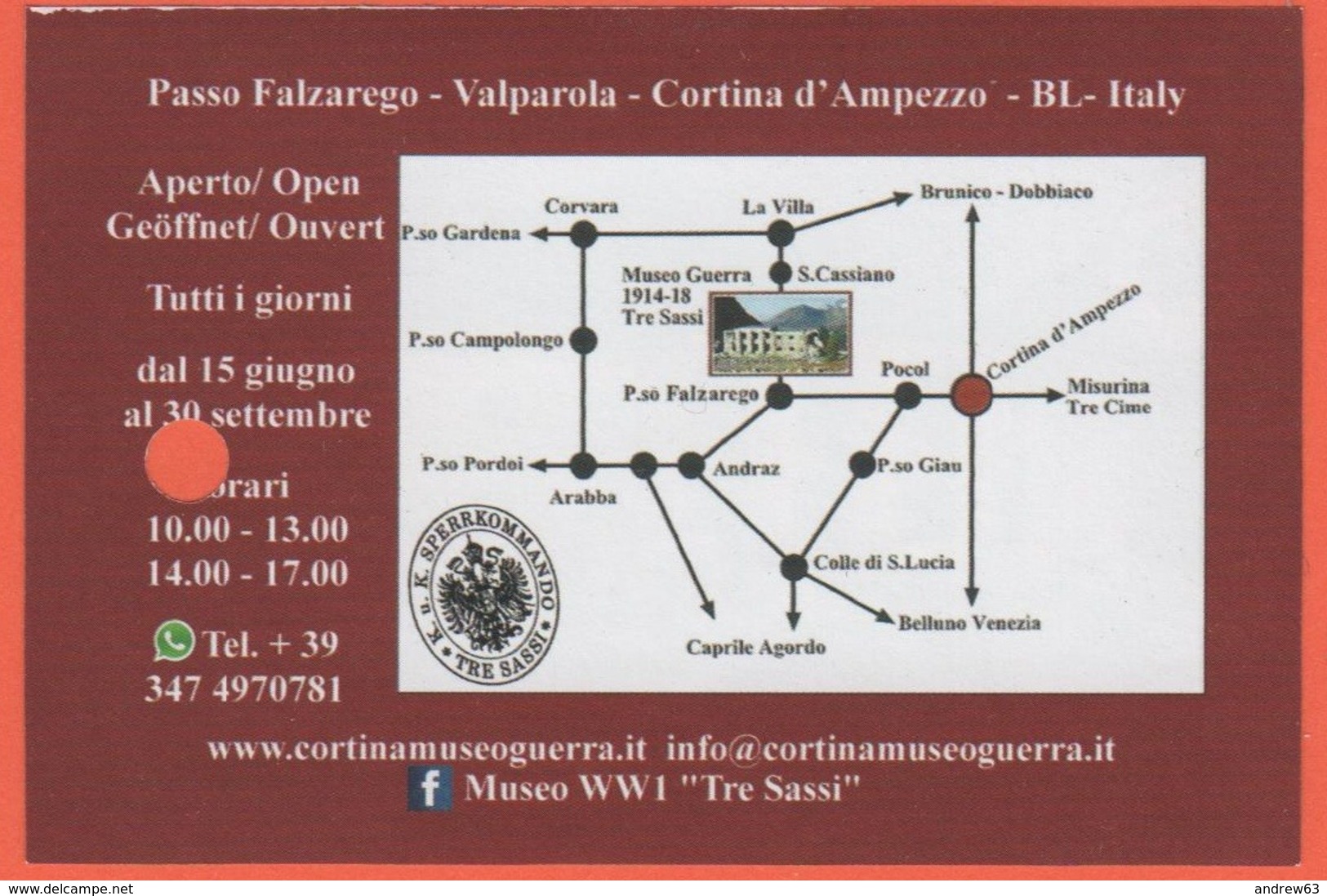 Passo Falzarego - Valparola - Museo Della I Guerra Modiale - Tre Sassi - Biglietto D'ingresso - Usato - Toegangskaarten