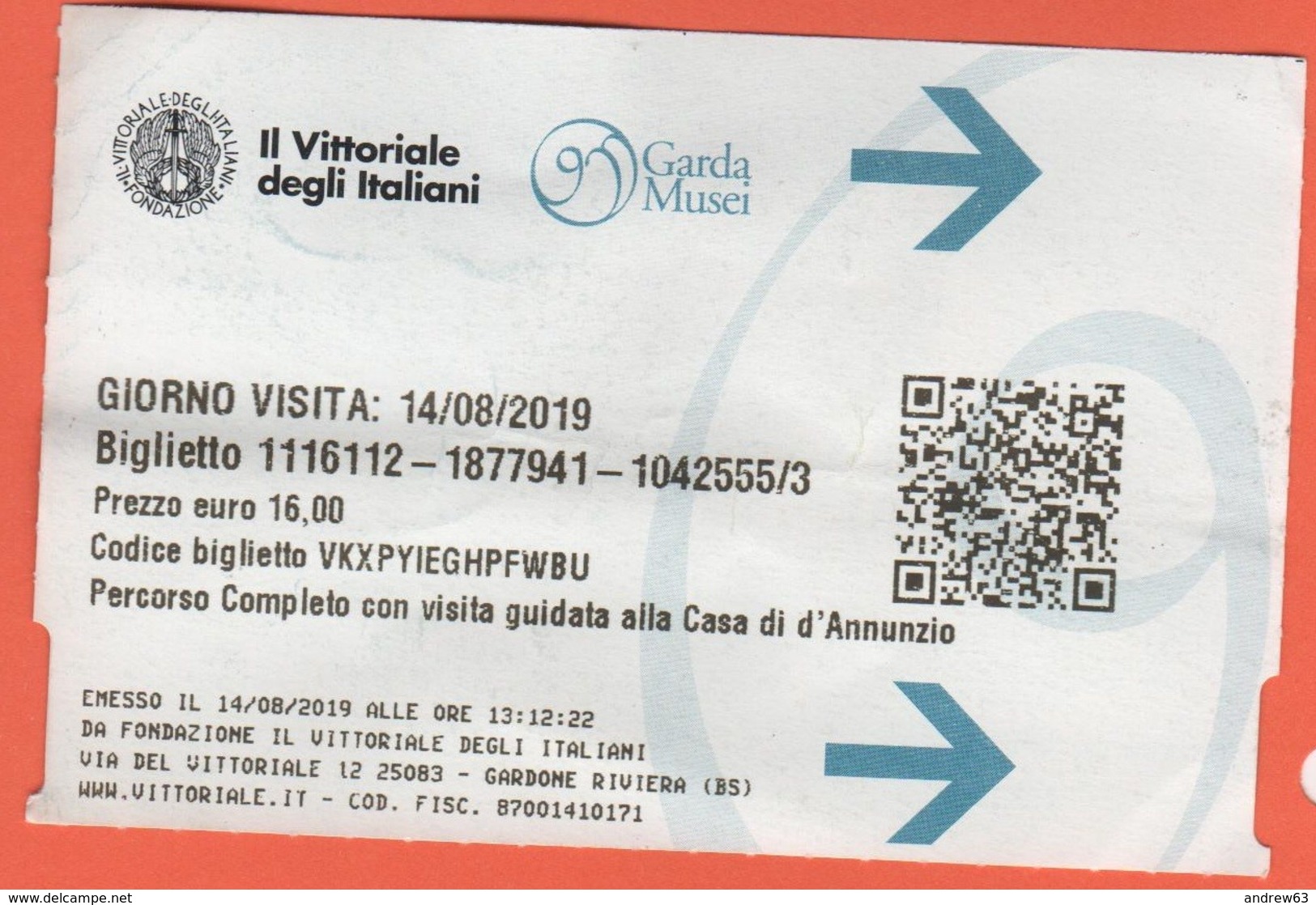 Il Vittoriale Degli Italiani - Garda Musei - Casa Di D'Annunzio - Biglietto D'ingresso - Usato - Tickets - Vouchers