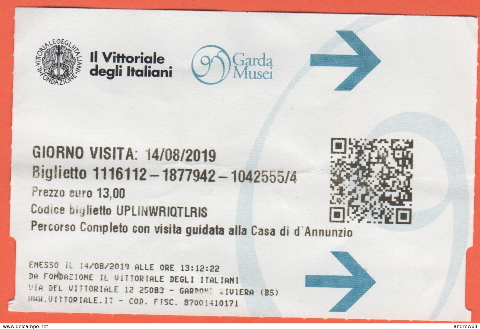 Il Vittoriale Degli Italiani - Garda Musei - Casa Di D'Annunzio - Biglietto D'ingresso - Usato - Tickets - Vouchers