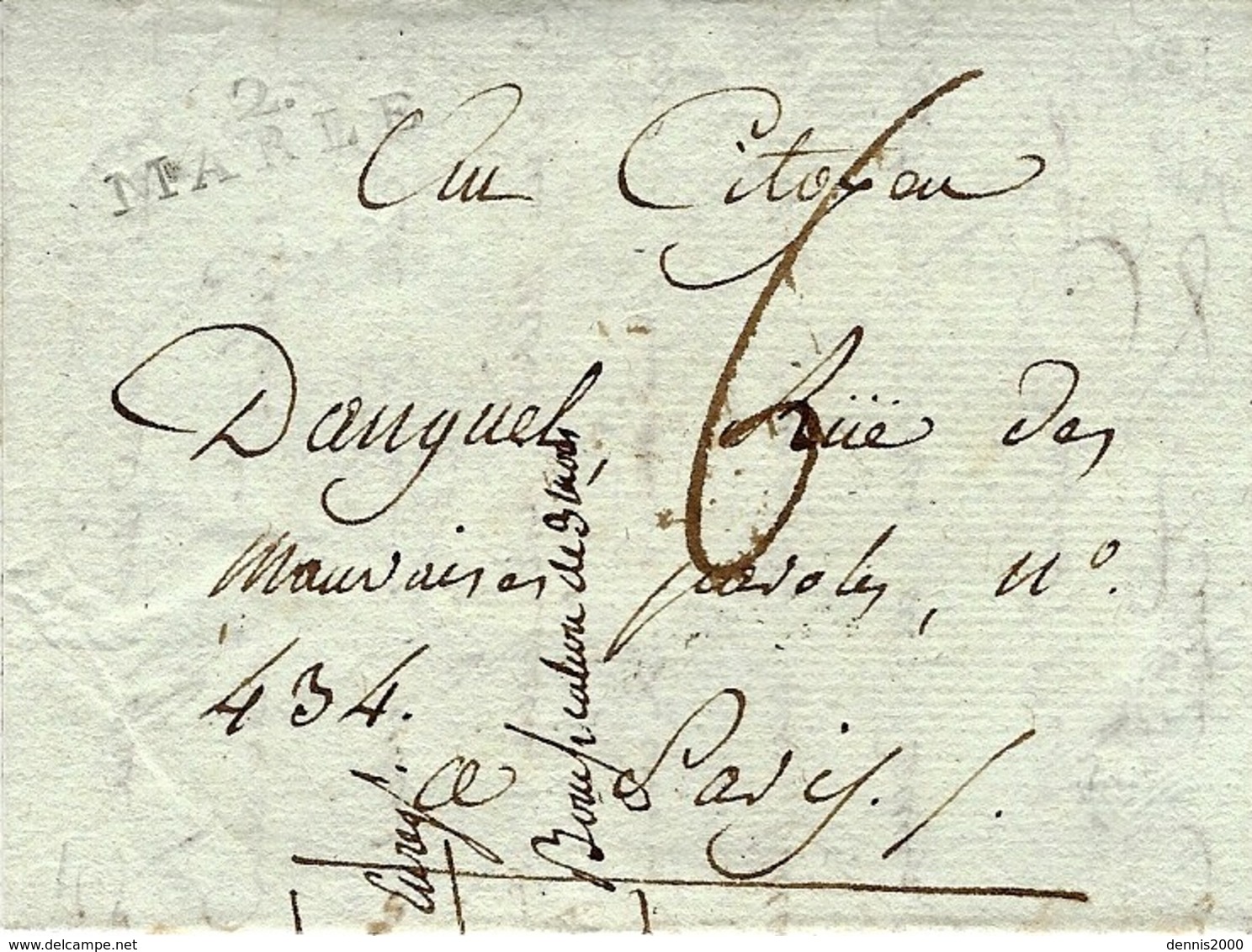 An 6 - Lettre De 2 / MARLE ( Aisne ) 23 X 7 Mm Noir Taxe 6 D. Pour Paris (au Dos, Arrivée 28 Dans Un Cercle Noir ) - 1801-1848: Precursores XIX