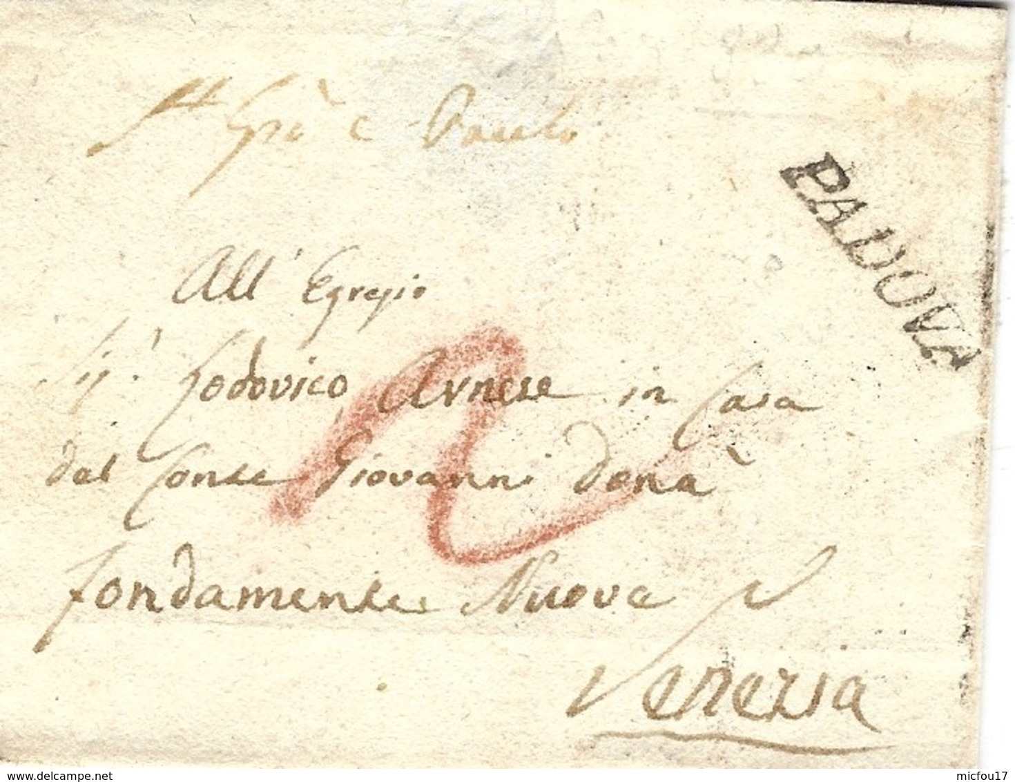 Lombardia-Veneto-  1830- Lettre De Padova  Nero  Vollmeier N°15 Taxe 2 Crayon Rouge Pour Venezia - 1. ...-1850 Prefilatelia