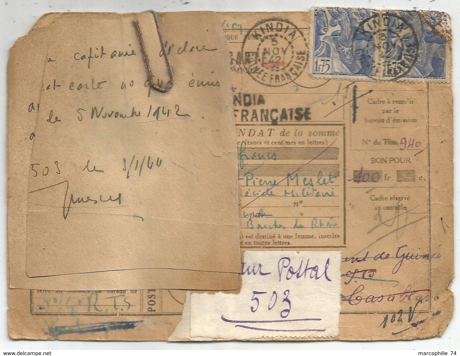 RARE POSTE AUX ARMEE 503 MANDAT CARTE DEFECTUEUSE GUINEE KINDIA 5 NOV 1942 + ETIQUETTE - Guerre De 1939-45