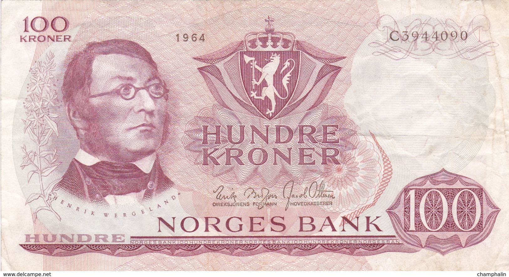 Norvège - Billet De 100 Kroner - Henrik Wergeland - 1964 - P38a - Norway