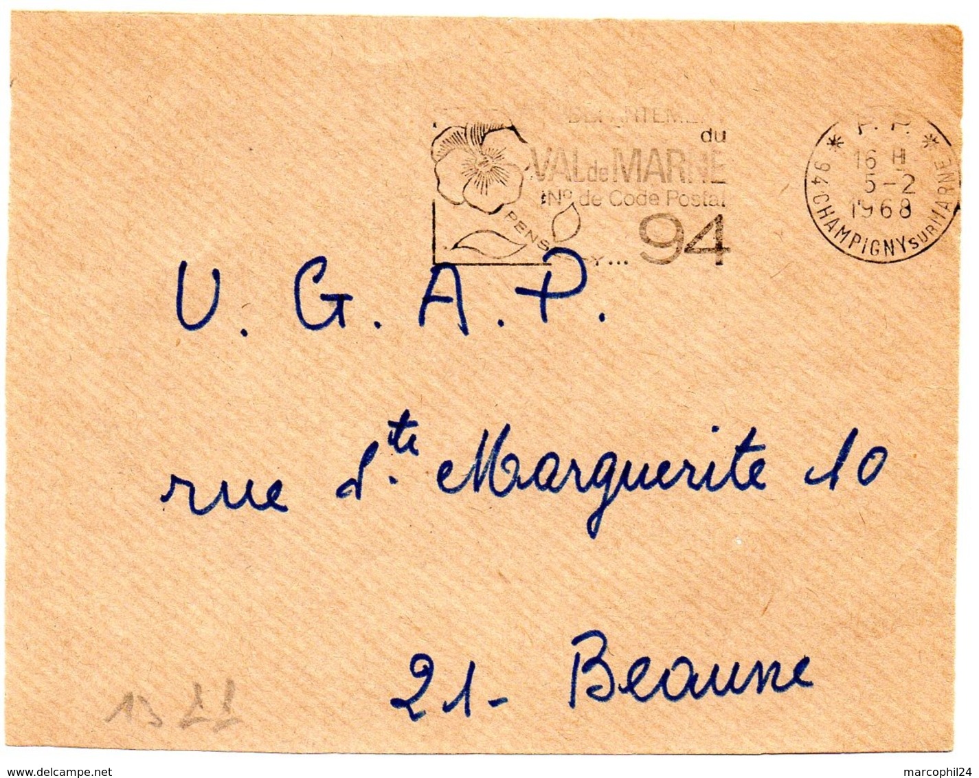 VAL De MARNE - Dépt N° 94  CHAMPIGNY 1968 = FLAMME PP Codée = SECAP  ' N° De CODE POSTAL / PENSEZ-Y ' - Postleitzahl