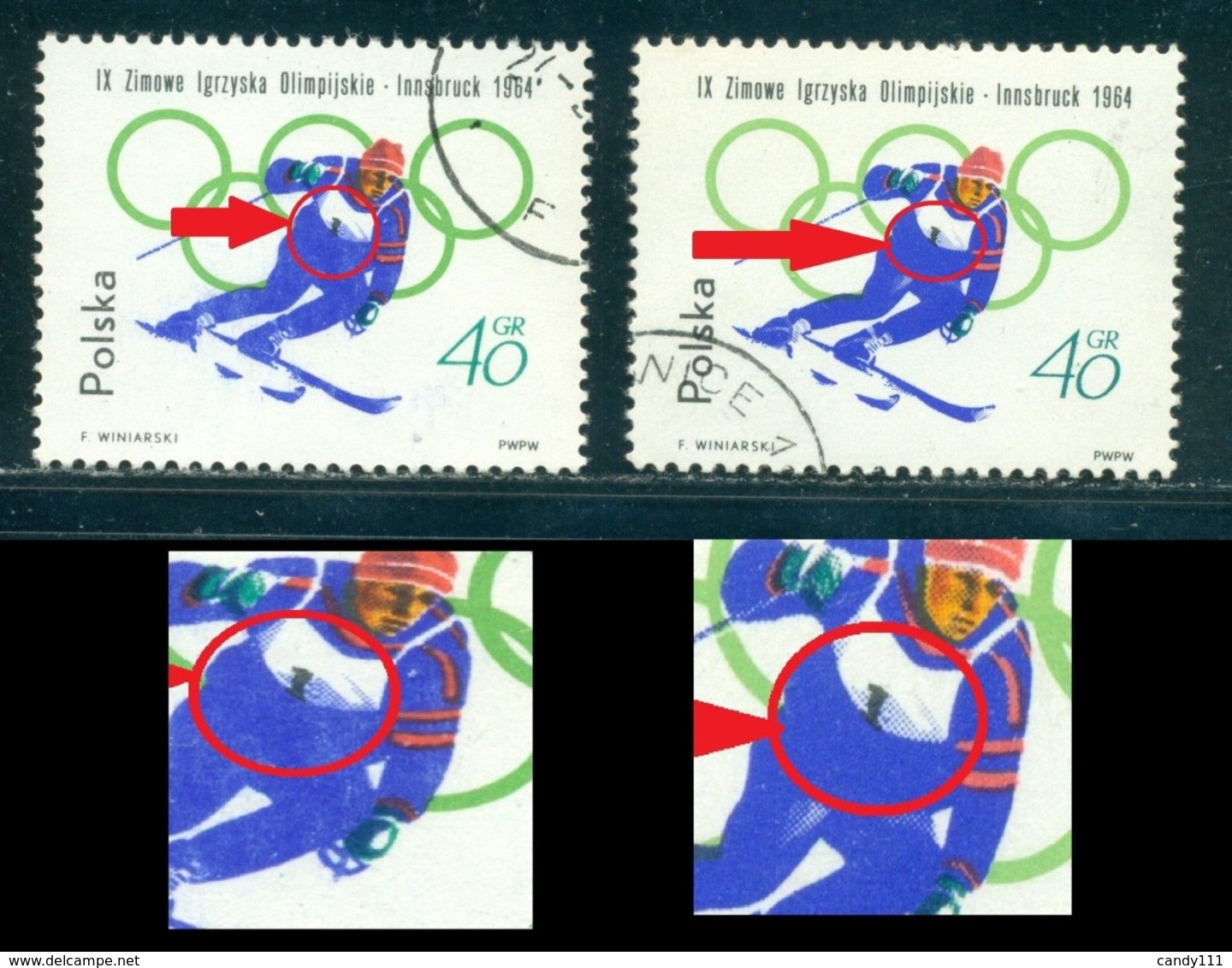 1964 Innsbruck Olympics,Downhill,Poland,Shifted Black Print To Bottom Error,VFU - Winter 1964: Innsbruck