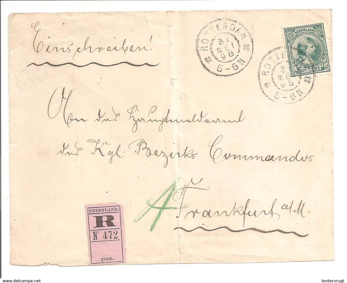 Em.1891 Hangend Haar 22 1/2 Ct Aangetekend Rotterdam 31.5.98>Frankfurt - Covers & Documents