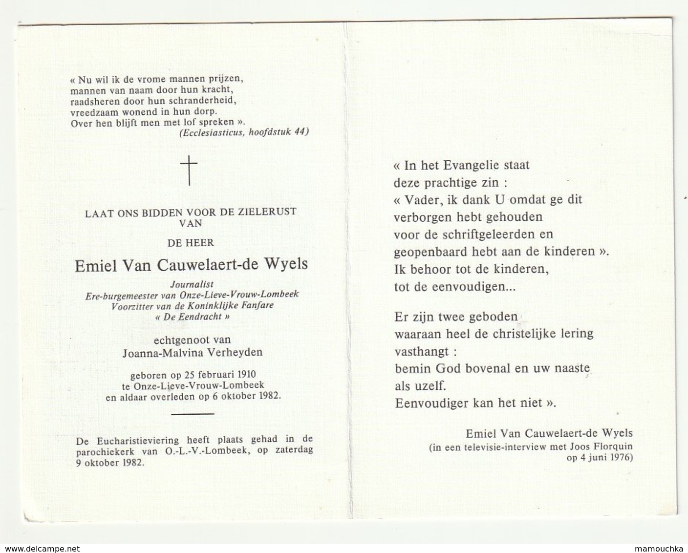 Doodsprentje Emiel VAN CAUWELAERT-DE WYELS Journalist Onze-Lieve-Vrouiw Lombeek 1910- 1982 Burgemeester - Andachtsbilder